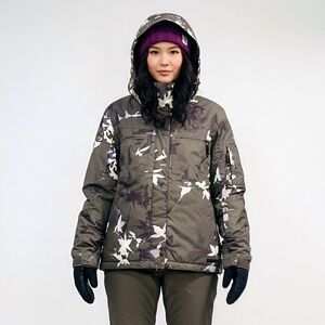 O'Neill Women's Floral Ski Jacket Freedom Series - Olive and White Hooded Medium